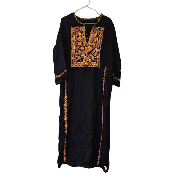 No Brand Dresses & Skirts - Caftan, Black w Gold & Orange Embroidery Cotton/Poly Textured Tunic Dress NEW w